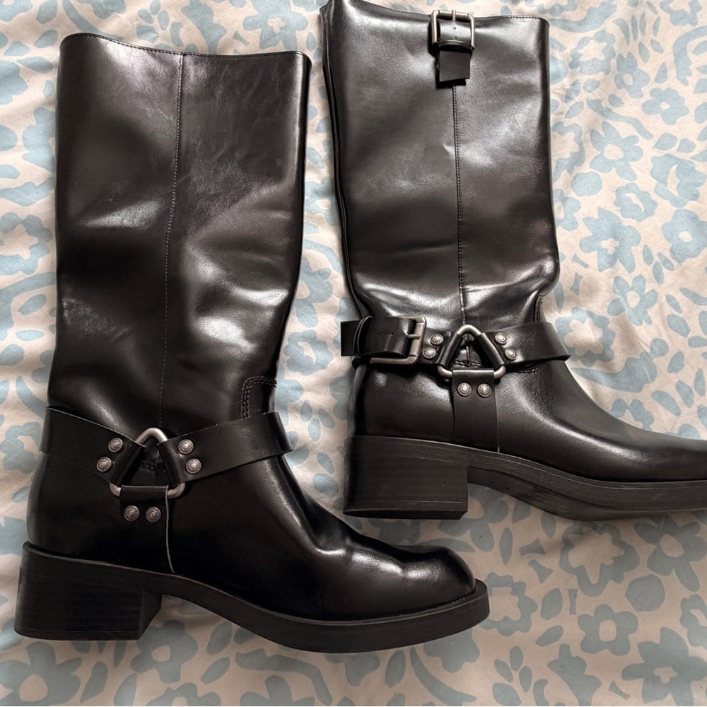 New Stradivarius Shiny Black Combat Boots with Buckle